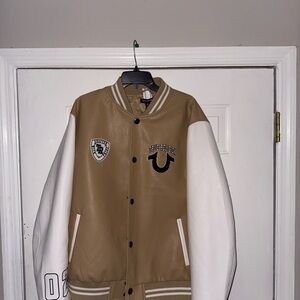 True Religion Leather Beige and Cream Varsity Jacket